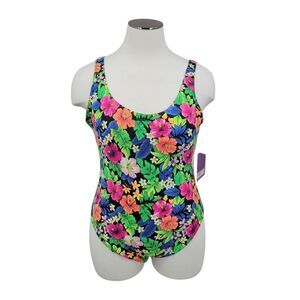 Gitano Vintage 90s Tropical Neon Floral One-Piece Swimsuit Women's Plus Size 24W